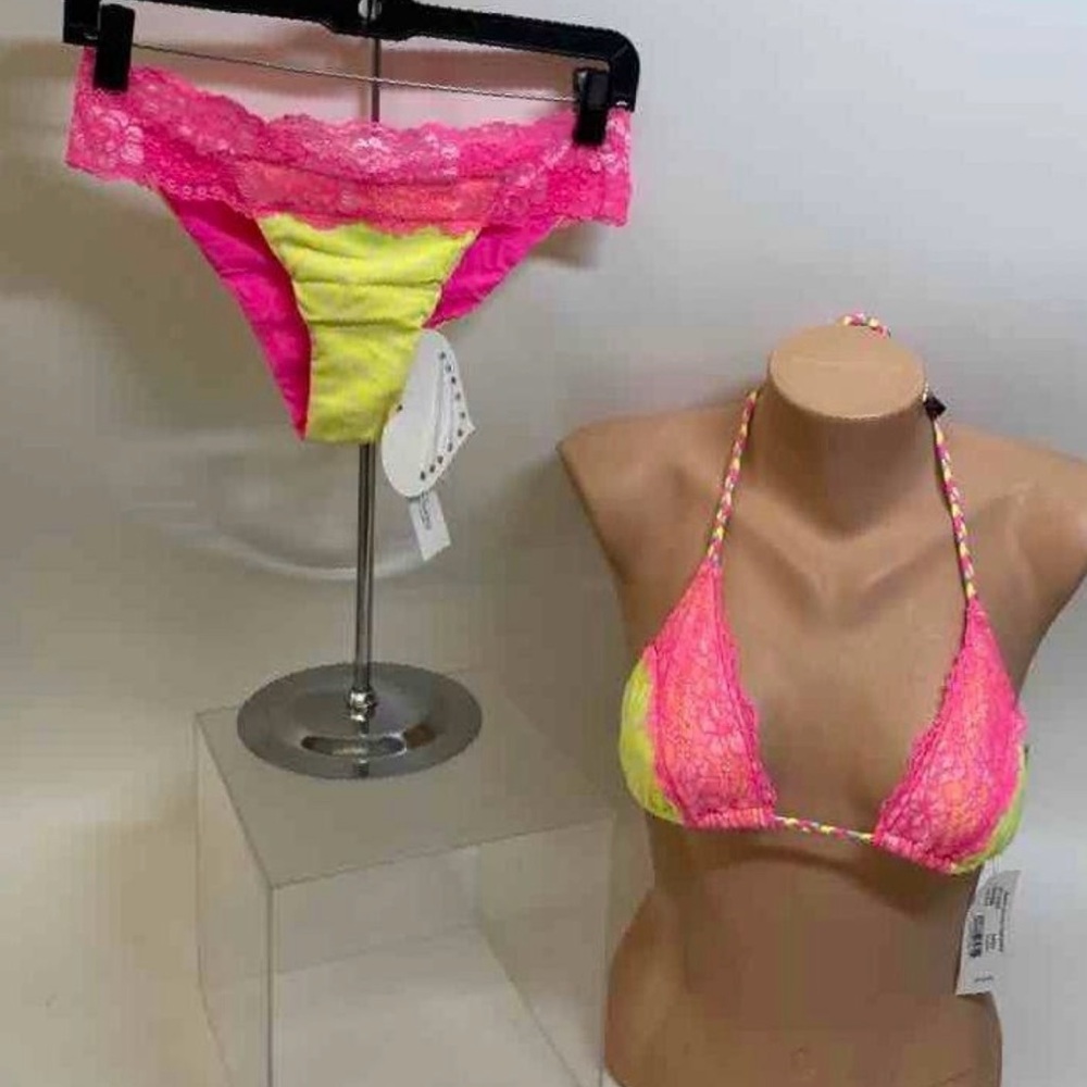 Beach Bunny Neon Dream Bikini Neon Pink and Yellow Lace Med/Lg